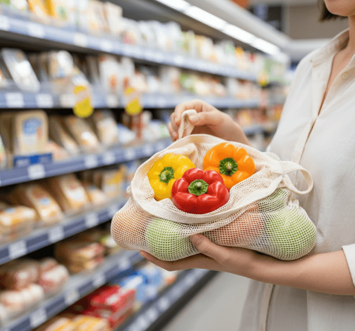A person in a grocery store holding a handful of colorful fresh produce (like bell peppers or apples) inside a reusable mesh produce bag, with a blurred background of other grocery aisles