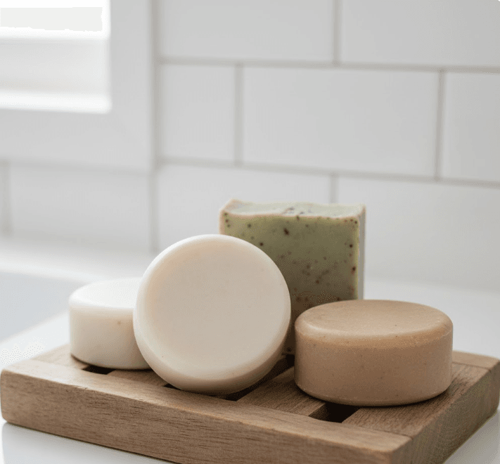 A variety of solid shampoo and body soap bars in different natural colors and shapes, resting on a wooden soap dish in a clean, bright bathroom setting.