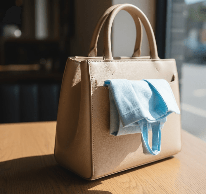 A reusable cloth shopping bag neatly folded and tucked into a side pocket of a stylish, everyday woman's handbag, with just a corner of the cloth bag visible