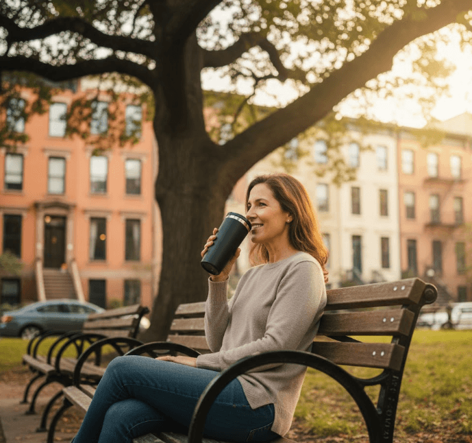 A woman in her 40s smiling genuinely as she sips from a stylish reusable travel mug in a park or cafe setting, exuding a sense of calm and accomplishment