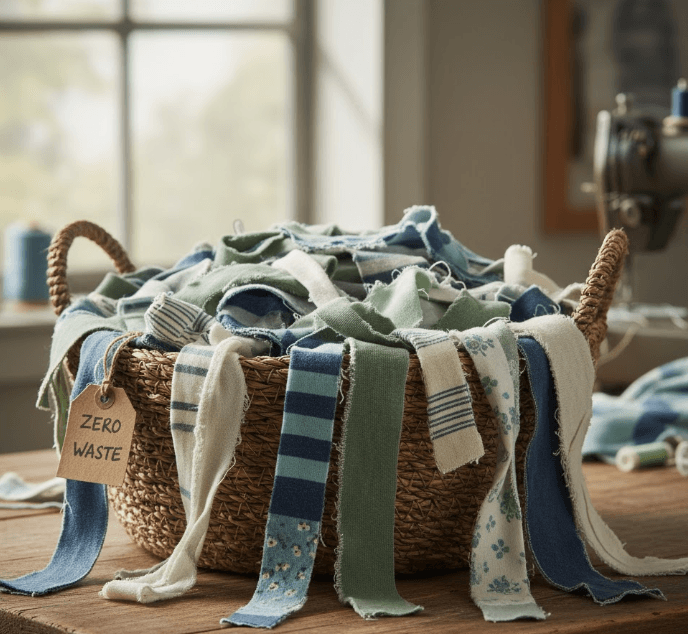 Upcycled T-shirt rags in a basket for zero waste
