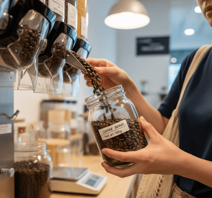 Buying bulk coffee beans in a reusable jar
