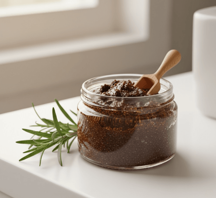 Homemade body scrub from used coffee grounds and oil