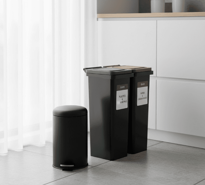 Small trash bin next to an organized recycling bin