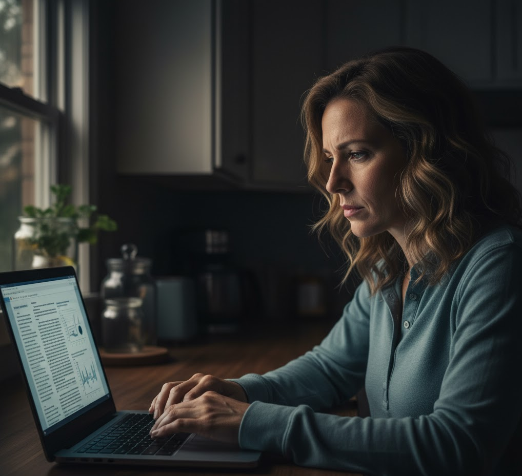 Photorealistic image of a concerned parent researching vaccine safety information on a laptop late at night. 