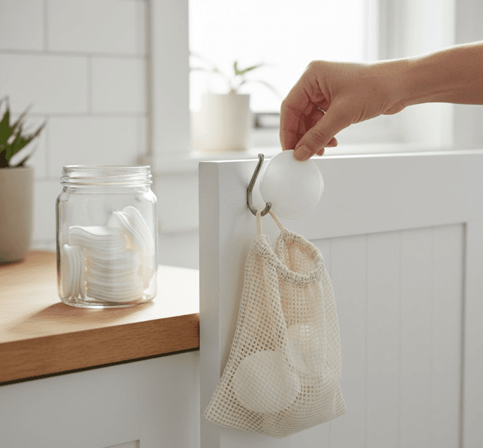 A hand places a used white reusable cotton round into a mesh laundry bag hanging from a hook, with a glass jar of clean cotton rounds visible on a counter in the background.