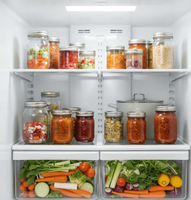 An open refrigerator filled with various clear glass jars containing organized, colorful food prep, including chopped vegetables, sauces, grains, and leftovers.