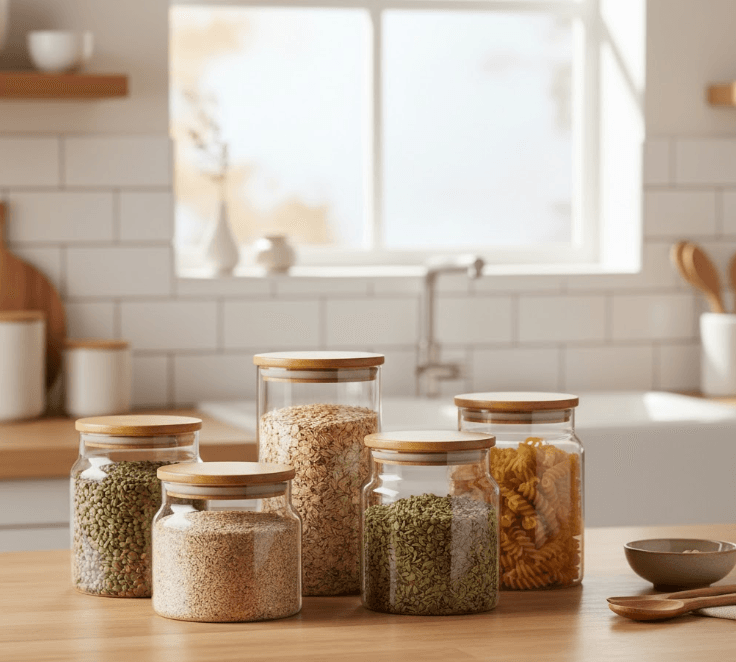A brightly lit kitchen counter showing a few glass jars of bulk food, emphasizing simplicity over chaos.