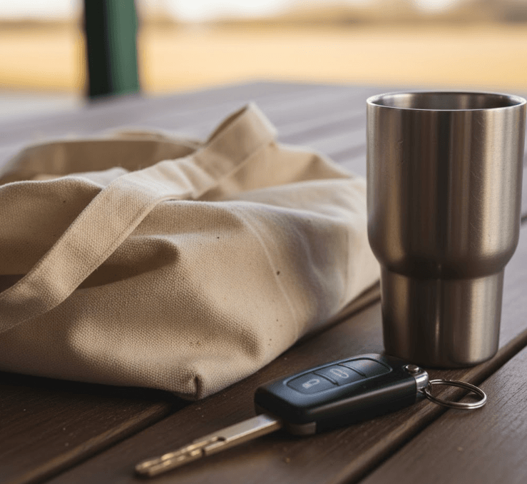 A close-up shot of a well-used, slightly stained reusable tote bag and a travel coffee mug sitting next to a car key.