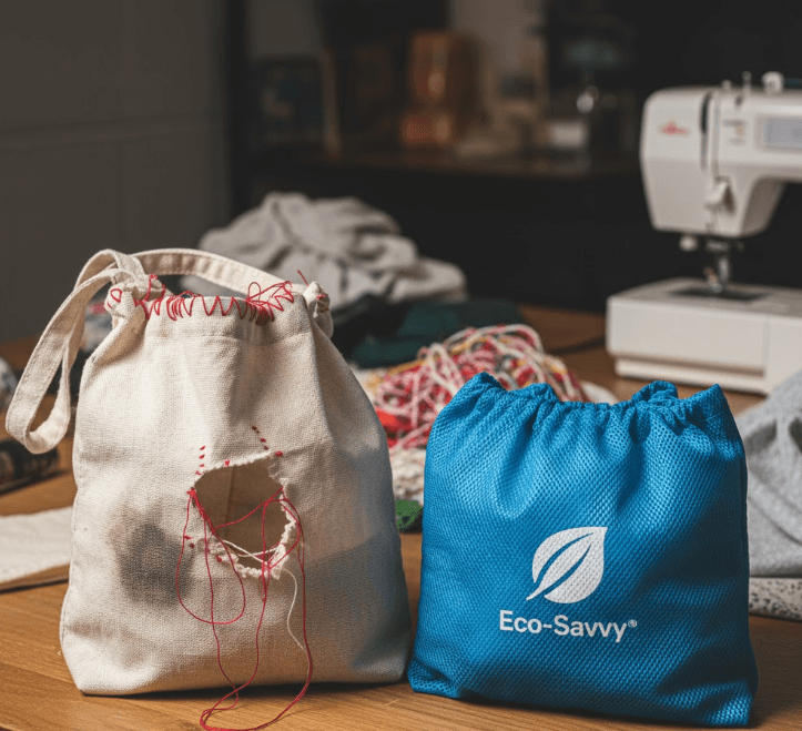 A humorous photo of a poorly sewn, slightly ripped cloth bag next to a store-bought item, illustrating an attempt and failure