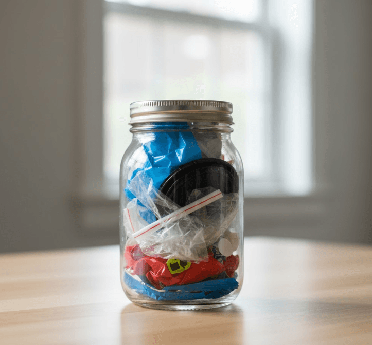 A simple, small glass jar containing the total trash collected for one week, with a focus on non-recyclable plastic.