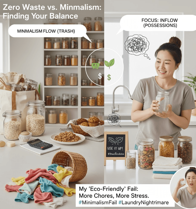 A photo showing a basket overflowing with colorful, reusable cloth wipes next to a woman looking frustrated, symbolizing the personal failure of a Zero Waste product that added stress and laundry clutter, violating Minimalist principles.