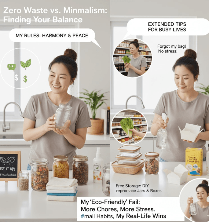 A collage showing practical, budget-friendly Zero Waste and Minimalist tips for busy people, including using repurposed jars for storage, making DIY cleaners, and a woman calmly skipping a bag in a store to avoid unnecessary consumption.