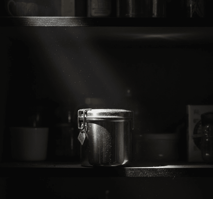A close-up of a beautiful, expensive stainless steel bento box placed far back in a dark kitchen cabinet. It should look neglected and slightly dusty, emphasizing it was a costly item that was not used.
