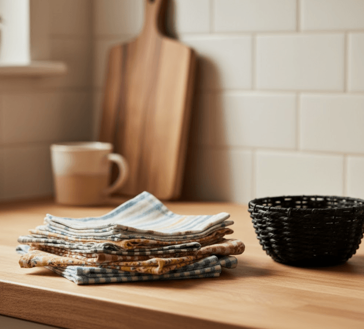 A warm, domestic kitchen counter scene. A small, uneven stack of mixed, colorful, but clean cloth napkins is visible, positioned next to a small, dark woven basket for used napkins. The aesthetic should be practical and cozy.