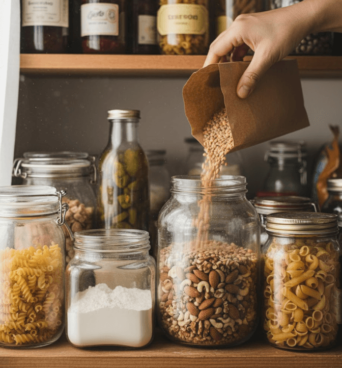 A shot inside a pantry or open shelf. The focus is on bulk foods (e.g., flour, nuts, pasta) stored in a visibly mismatched array of re-used glass containers (e.g., various sizes of jam jars, pickle jars, and coffee containers). A woman’s hand (40s-50s) is seen happily pouring ingredients into one of the mismatched jars, emphasizing practical, imperfect reuse.
