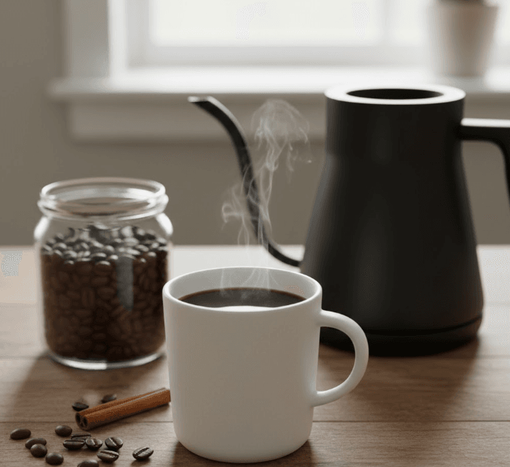 Simple home coffee routine using an electric kettle and zero waste reusable mug as a money-saving morning hack.