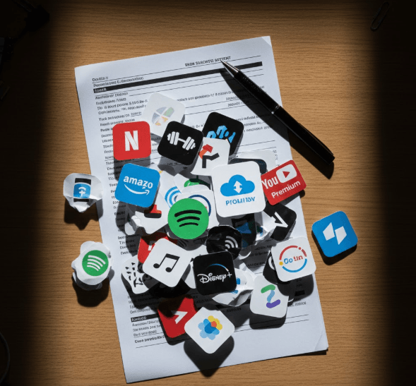 A monthly subscription audit ritual showing a credit card statement with many hidden subscriptions, helping to identify "ghost costs" and stop wasting money.