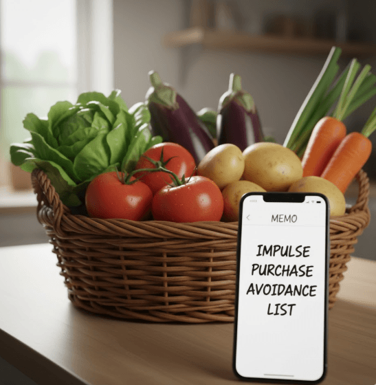 Intentional grocery shopping and meal prepping with fresh vegetables, showing the swap away from impulse buying to maximize grocery savings.