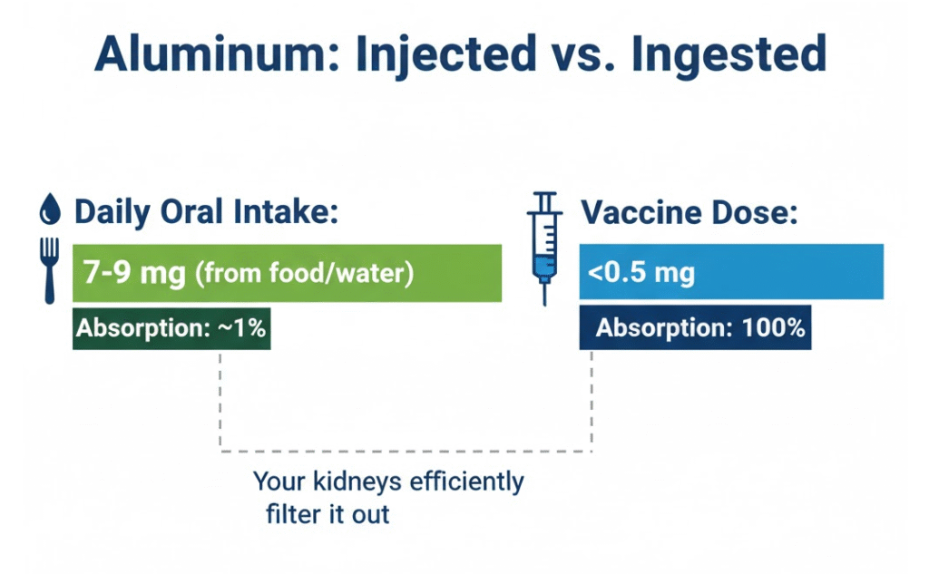 Infographic comparing aluminum intake from daily food and water versus vaccine doses, highlighting absorption rates and environmental exposure. (Keywords: aluminum, vaccine, ingestion, injection, absorption, kidneys, environment, infographic, health facts