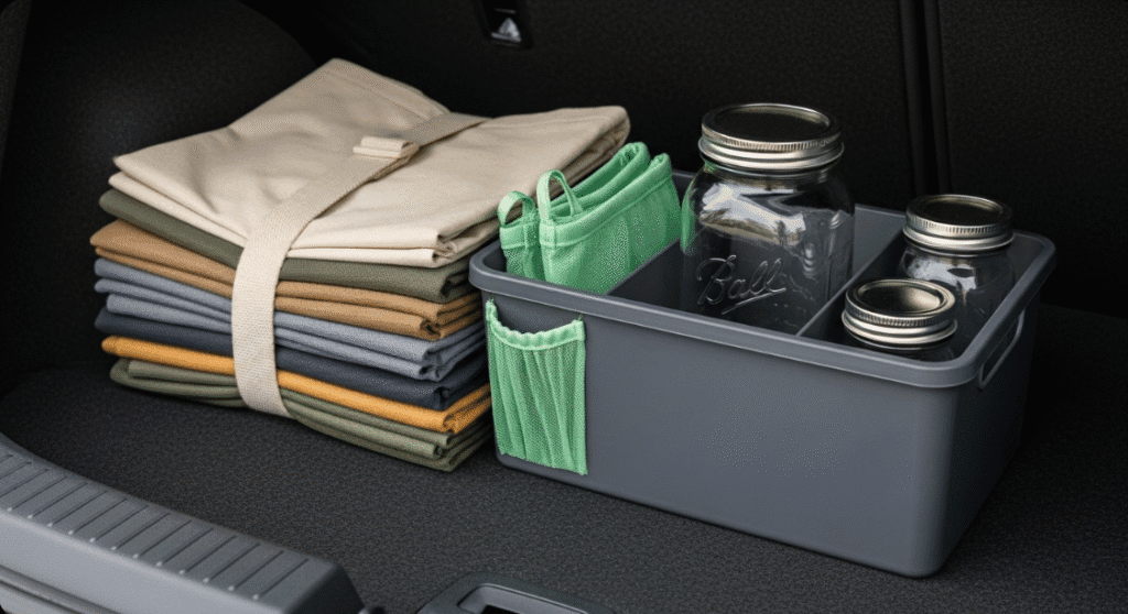 A practical and organized "Trunk Toolkit" inside the trunk of a car, featuring several folded canvas reusable shopping bags, two small mesh produce bags, and a couple of empty glass mason jars stored neatly in a small, sturdy container.