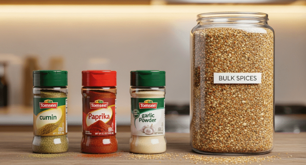 A visual comparison of three small, mass-market spice jars (half-empty) lined up on a kitchen counter next to one large, clear glass container filled with the same spice from a bulk store, illustrating inefficiency.