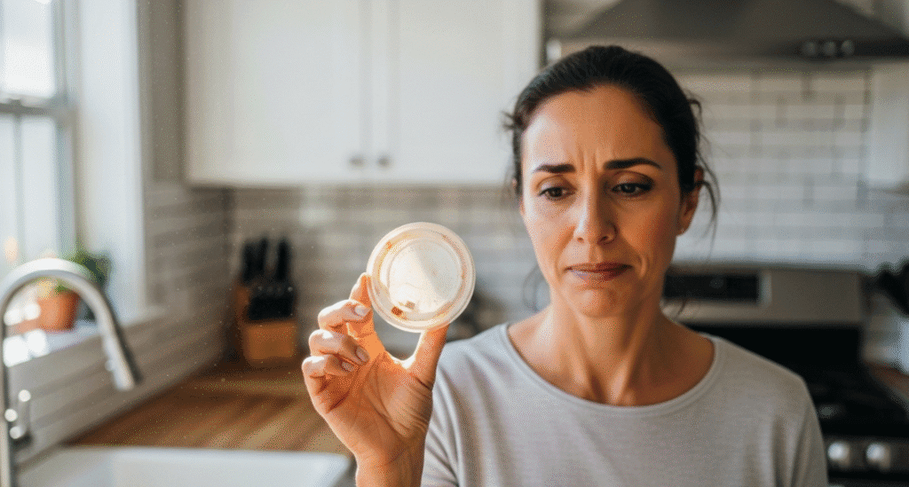 A middle-aged woman looking slightly stressed or guilty in a brightly lit kitchen, holding up a single piece of used, single-use plastic (e.g., a take-out coffee lid), representing the feeling of waste guilt and imperfection.