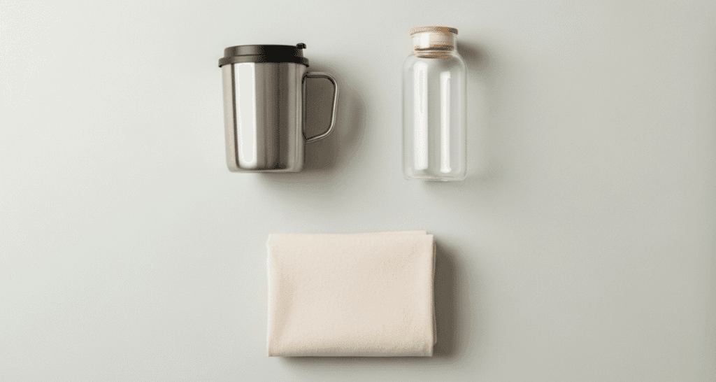 A flat lay photograph showing three simple, high-quality reusable items: a stainless steel coffee mug, a glass water bottle, and a neatly folded canvas shopping bag. The items should be clean and practical, representing the "Three Wins" rule.