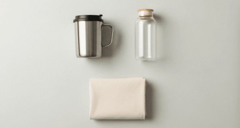 A flat lay photograph showing three simple, high-quality reusable items: a stainless steel coffee mug, a glass water bottle, and a neatly folded canvas shopping bag. The items should be clean and practical, representing the "Three Wins" rule.