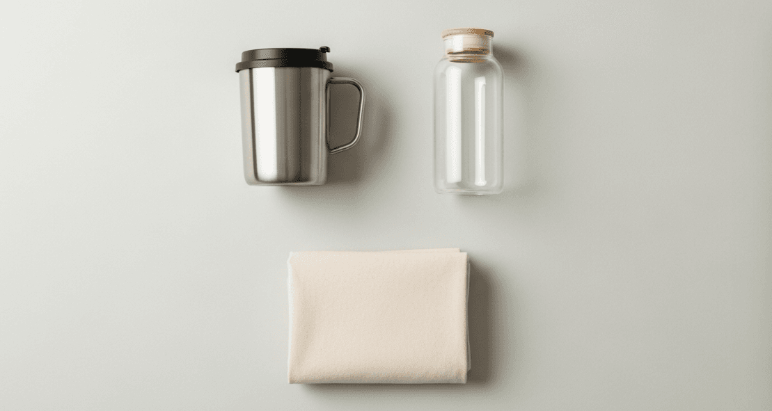 A flat lay photograph showing three simple, high-quality reusable items: a stainless steel coffee mug, a glass water bottle, and a neatly folded canvas shopping bag. The items should be clean and practical, representing the "Three Wins" rule.