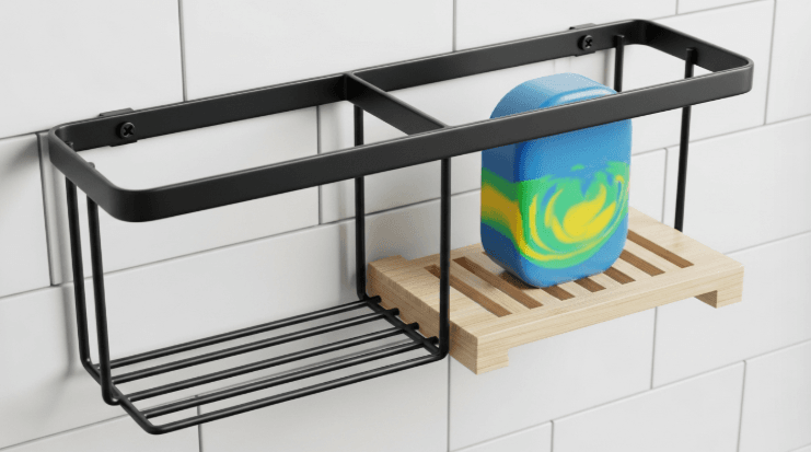 Image of a single shampoo bar next to an empty shower caddy. This visual represents the simple, one-step change of Rule 1.