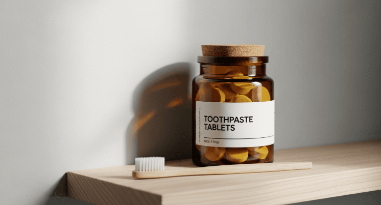 a small glass jar filled with white toothpaste tablets on a bathroom shelf. This highlights the switch from bulky liquid packaging to concentrated, plastic-free tablets.