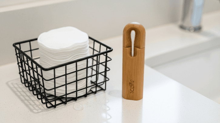 Image of reusable cotton rounds stacked in a small wire basket next to a reusable swab on a sink counter.