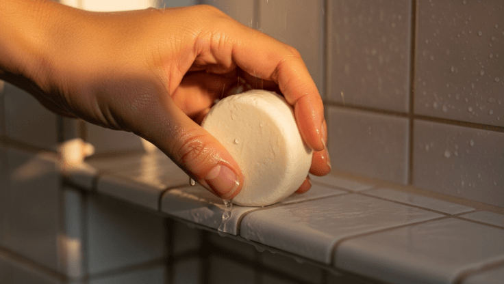 Image of a person’s hand reaching for a shampoo bar in a shower niche, with warm light.