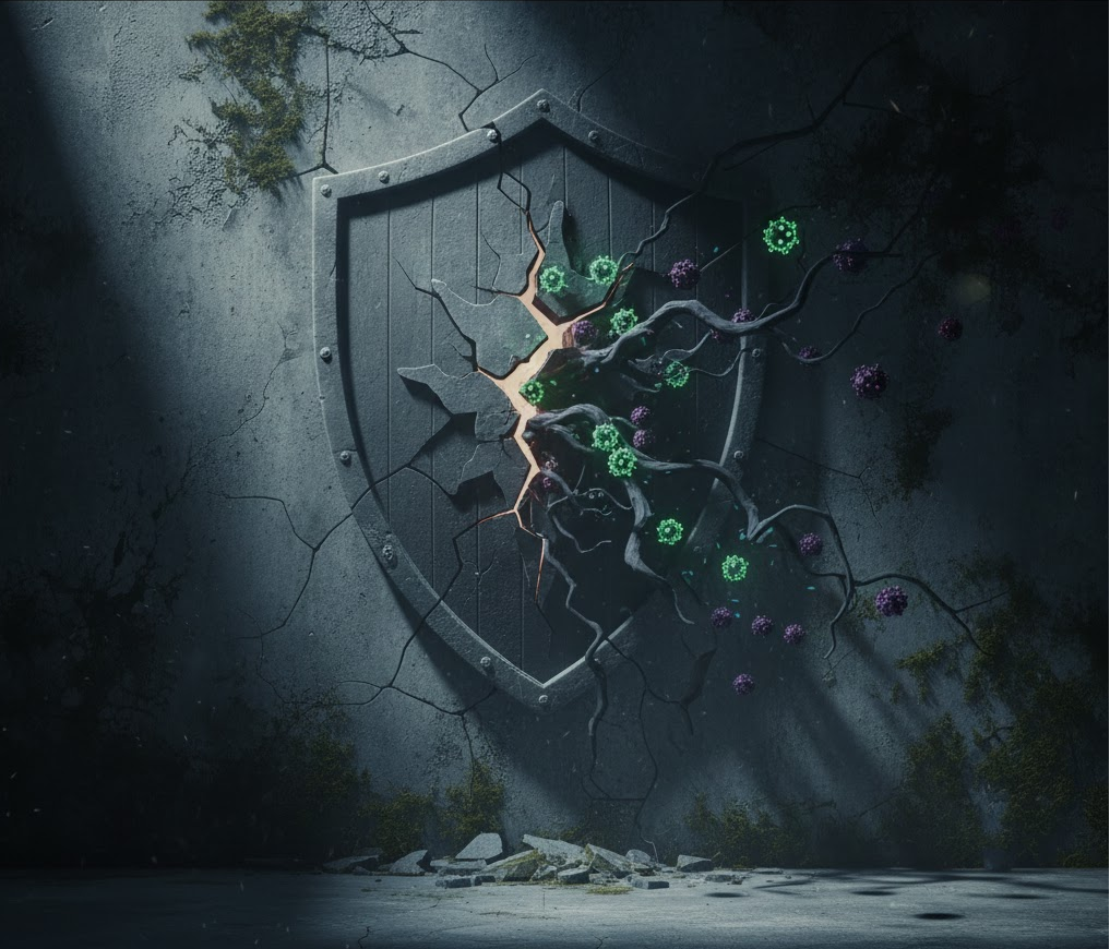 A symbolic image of a crumbling shield or broken wall, representing weakened public health defenses and encroaching pathogens, to illustrate the danger of removing critical vaccine components.