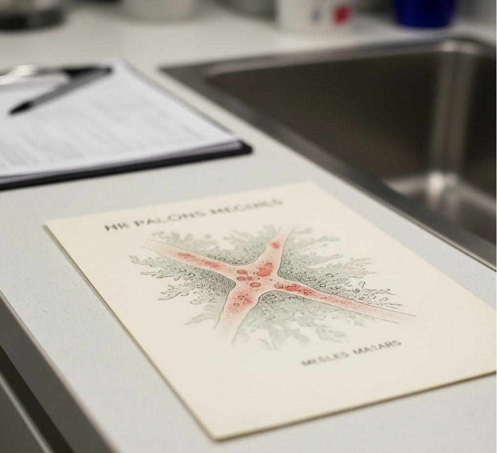 A macro photograph symbolizing the resurgence of measles, showing a vintage illustration of the rash appearing on a modern clinic countertop.