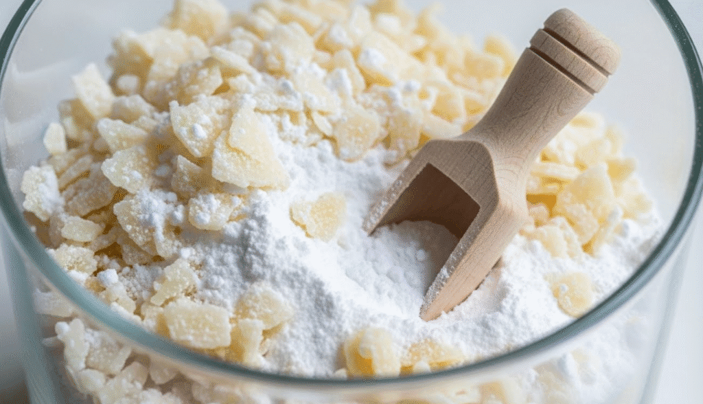 A close-up of grated castile soap flakes mixed with white washing soda powder in a glass container. A small wooden scoop rests inside.