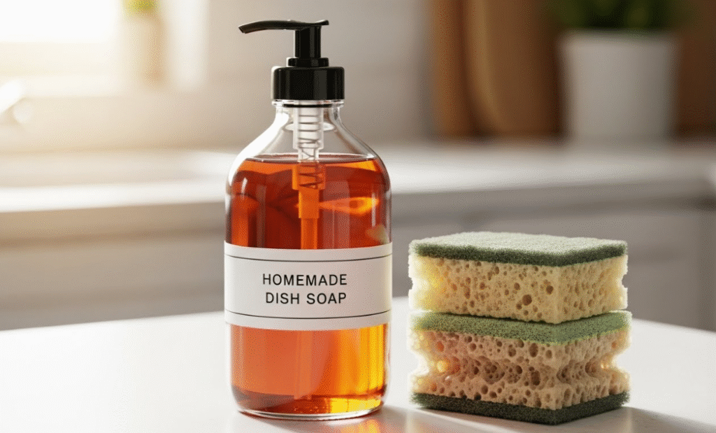 A clear glass pump bottle filled with homemade liquid dish soap, next to a stack of clean, eco-friendly sponges.
