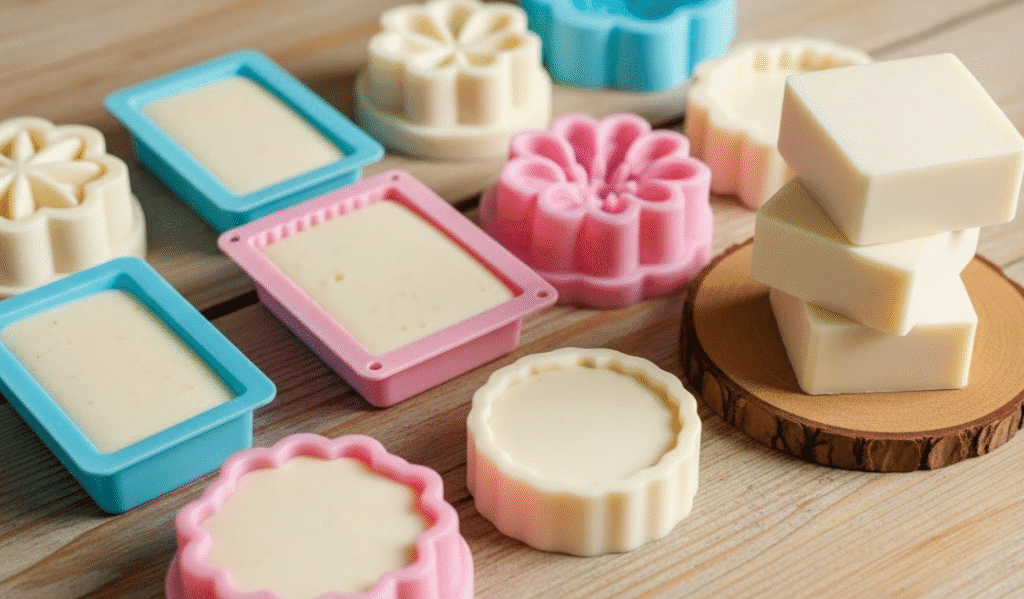 Several homemade solid dish soap bars in various silicone molds (e.g., rectangular, circular), hardening on a wooden counter. Some finished bars are stacked nearby.