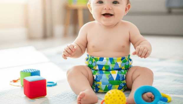 A smiling baby wearing a modern, colorful cloth diaper, playing on a clean mat.