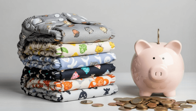 A stack of neatly folded cloth diapers of various patterns next to a piggy bank full of coins.