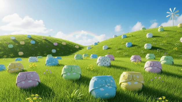 A lush green landfill with a clear blue sky, symbolizing reduced waste from cloth diapering.