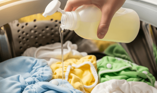 Close-up of a hand pouring eco-friendly laundry detergent into a washing machine drum filled with cloth diapers.