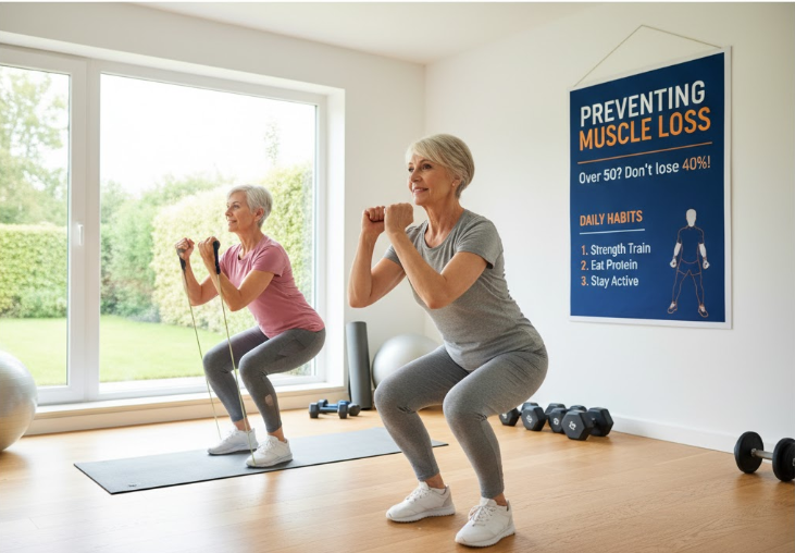 Two middle-aged people exercising in a bright home gym, with a poster about preventing muscle loss.