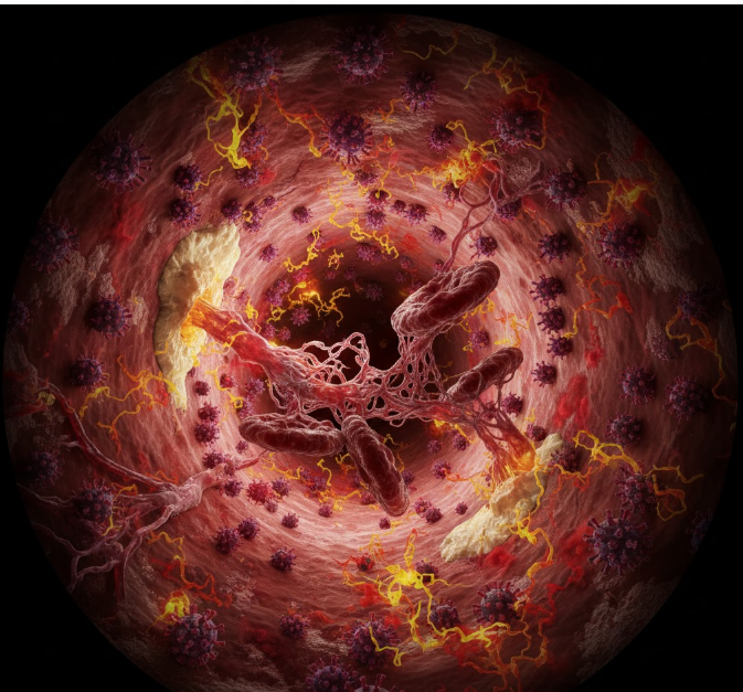 Microscopic view of an inflamed and damaged artery with rupturing plaque, viral particles, and forming blood clots, illustrating the biological mechanisms of virus-induced cardiovascular events.