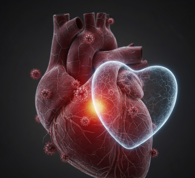 Photorealistic depiction of an inflamed heart with viral particles and subtle damage, overlaid with a fragile outline, symbolizing myocarditis and increased vulnerability for those with pre-existing heart conditions.