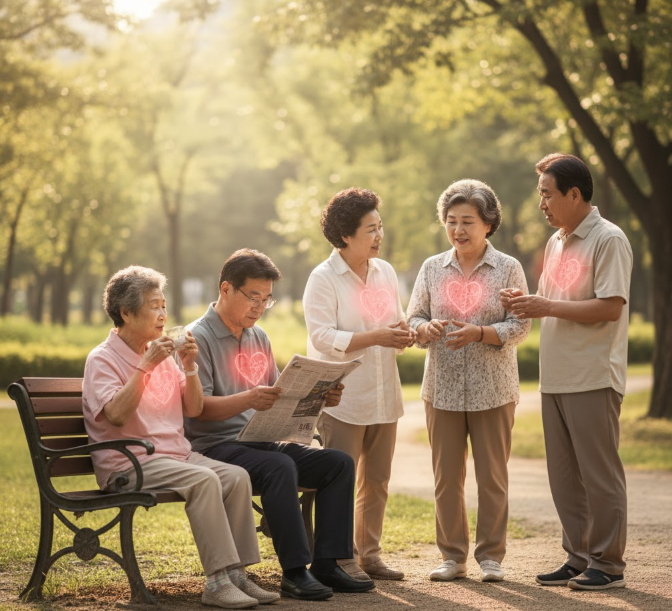 Diverse group of older adults and middle-aged individuals, with subtle glowing heart overlays showing vulnerability, representing high-risk demographics for viral-induced cardiovascular events.