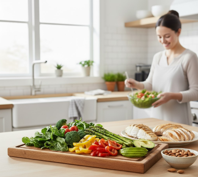 A bright, sun-drenched kitchen counter displays an attractive and organized array of South Beach Diet Phase 1 approved foods, including vibrant green non-starchy vegetables, lean protein, and healthy fats.