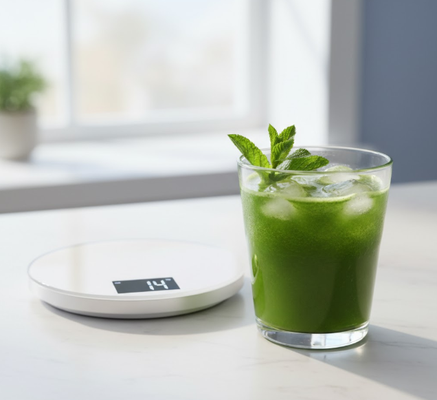 A motivational image for a 14-day detox program showing a fresh green juice and a scale, symbolizing the quick start to weight loss and a healthy lifestyle.