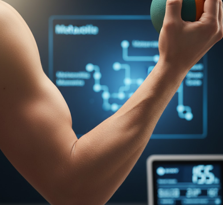 A hand gripping a stress ball with a background showing metabolic health data, emphasizing the role of muscle in overall well-being.